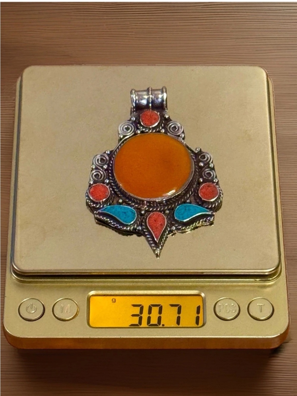 Handcrafted Ethnic Tibetan Amber Resin & Stones Pendant Set In Silver,3”in,30gr - Picture 8 of 8